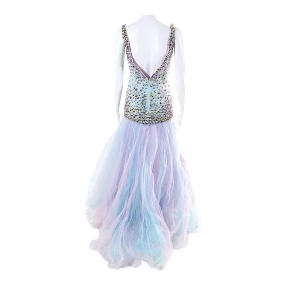NWT SHERRI HILL Embellished Deep V Neck Mermaid Tulle Gown Blue Pink Size 2 - Picture 10 of 15